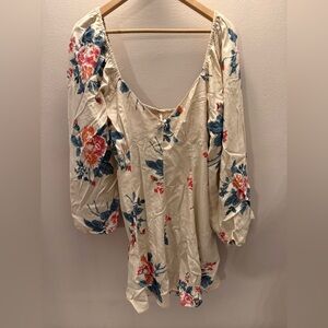 Free People Francesca Boho Mini Dress Ivory Floral Long Sleeve V-Neck Sz  med
